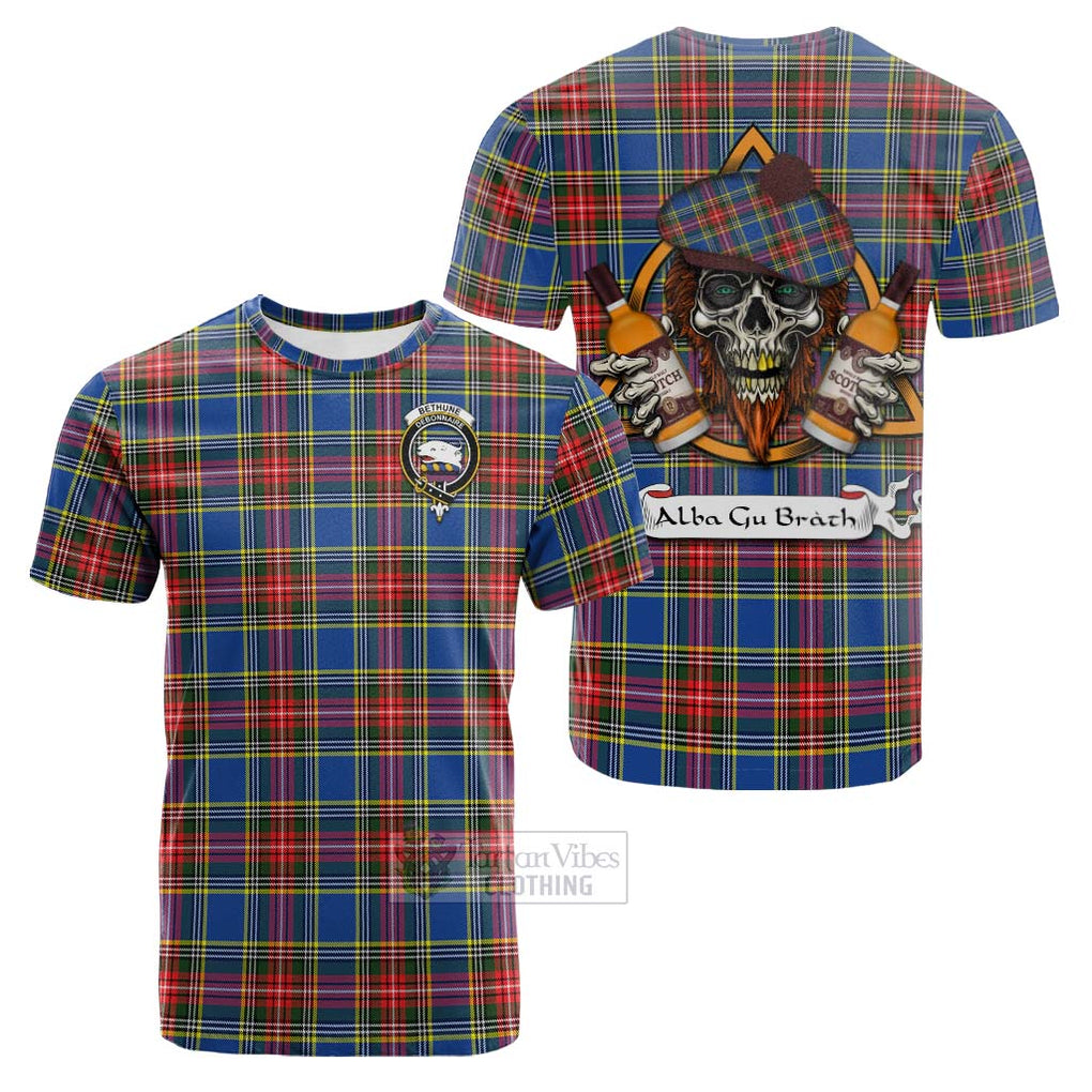 Tartan Vibes Clothing Bethune Tartan Cotton T-shirt with Family Crest and Bearded Skull Holding Bottles of Whiskey