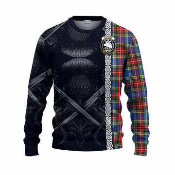 Tartan Vibes Clothing Bethune Tartan Knitted Sweater with Family Crest Cross Sword Thistle Celtic Vibes