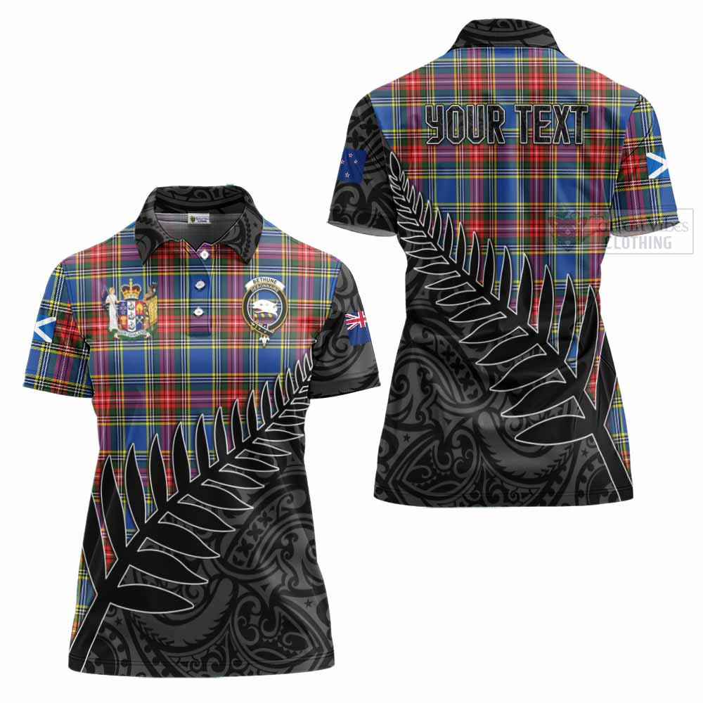 Tartan Vibes Clothing Bethune Crest Tartan Women's Polo Shirt with New Zealand Silver Fern Half Style