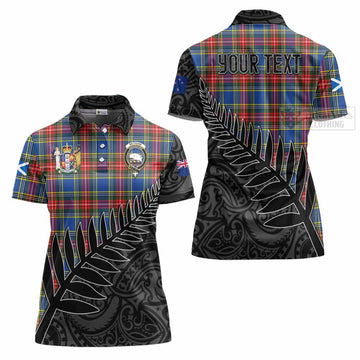 Tartan Vibes Clothing Bethune Crest Tartan Women's Polo Shirt with New Zealand Silver Fern Half Style