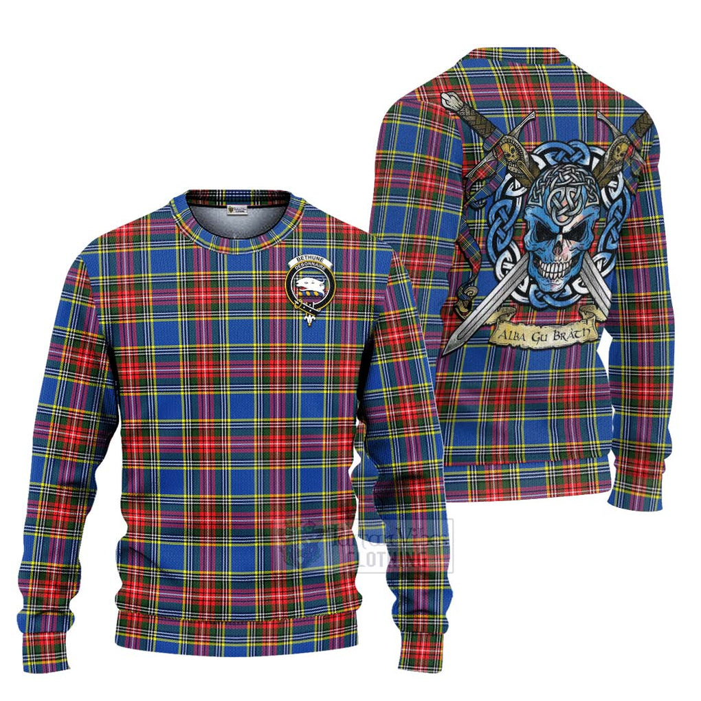 Tartan Vibes Clothing Bethune Tartan Knitted Sweater with Family Crest Celtic Skull Style