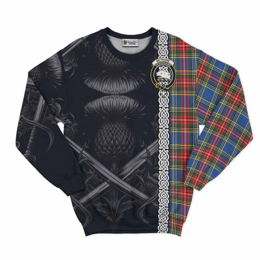 Tartan Vibes Clothing Bethune Tartan Sweatshirt with Family Crest Cross Sword Thistle Celtic Vibes