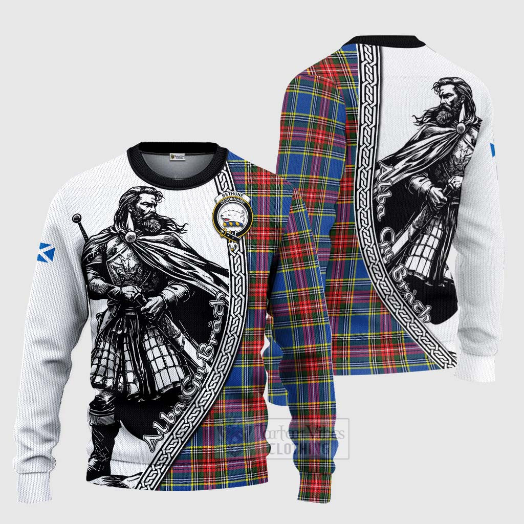 Tartan Vibes Clothing Bethune Tartan Clan Crest Knitted Sweater with Highlander Warrior Celtic Style
