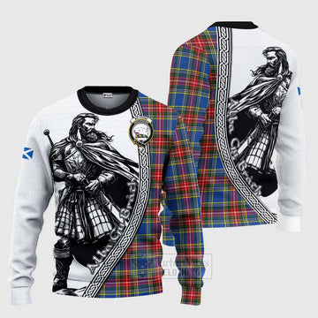 Tartan Vibes Clothing Bethune Tartan Clan Crest Knitted Sweater with Highlander Warrior Celtic Style