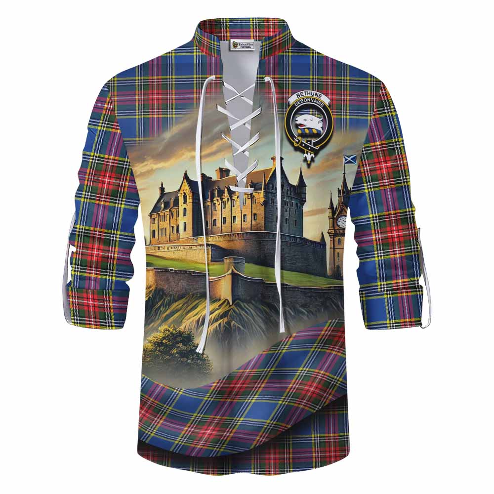 Tartan Vibes Clothing Bethune Tartan Family Crest Ghillie Kilt Shirt with Scottish Ancient Castle Style