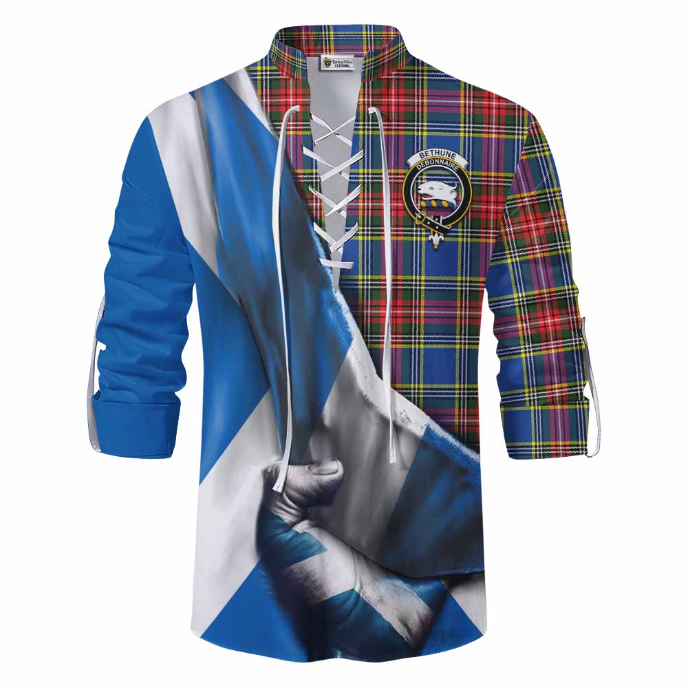 Tartan Vibes Clothing Bethune Tartan Ghillie Kilt Shirt with Family Crest Scotland Patriotic Style
