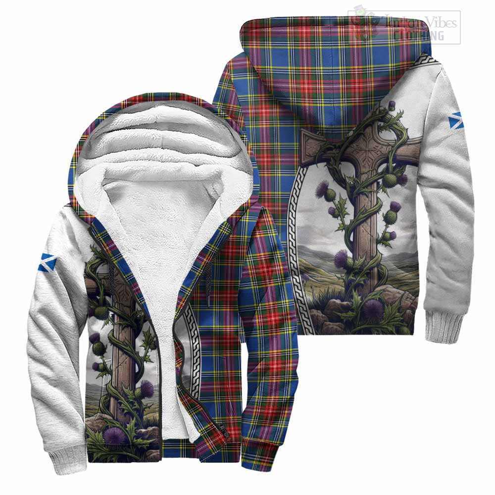 Tartan Vibes Clothing Bethune Tartan Sherpa Hoodie with Family Crest and St. Andrew's Cross Accented by Thistle Vines