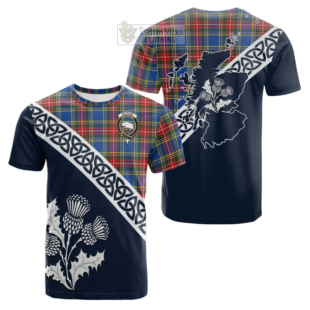 Tartan Vibes Clothing Bethune Tartan Cotton T-shirt Featuring Thistle and Scotland Map