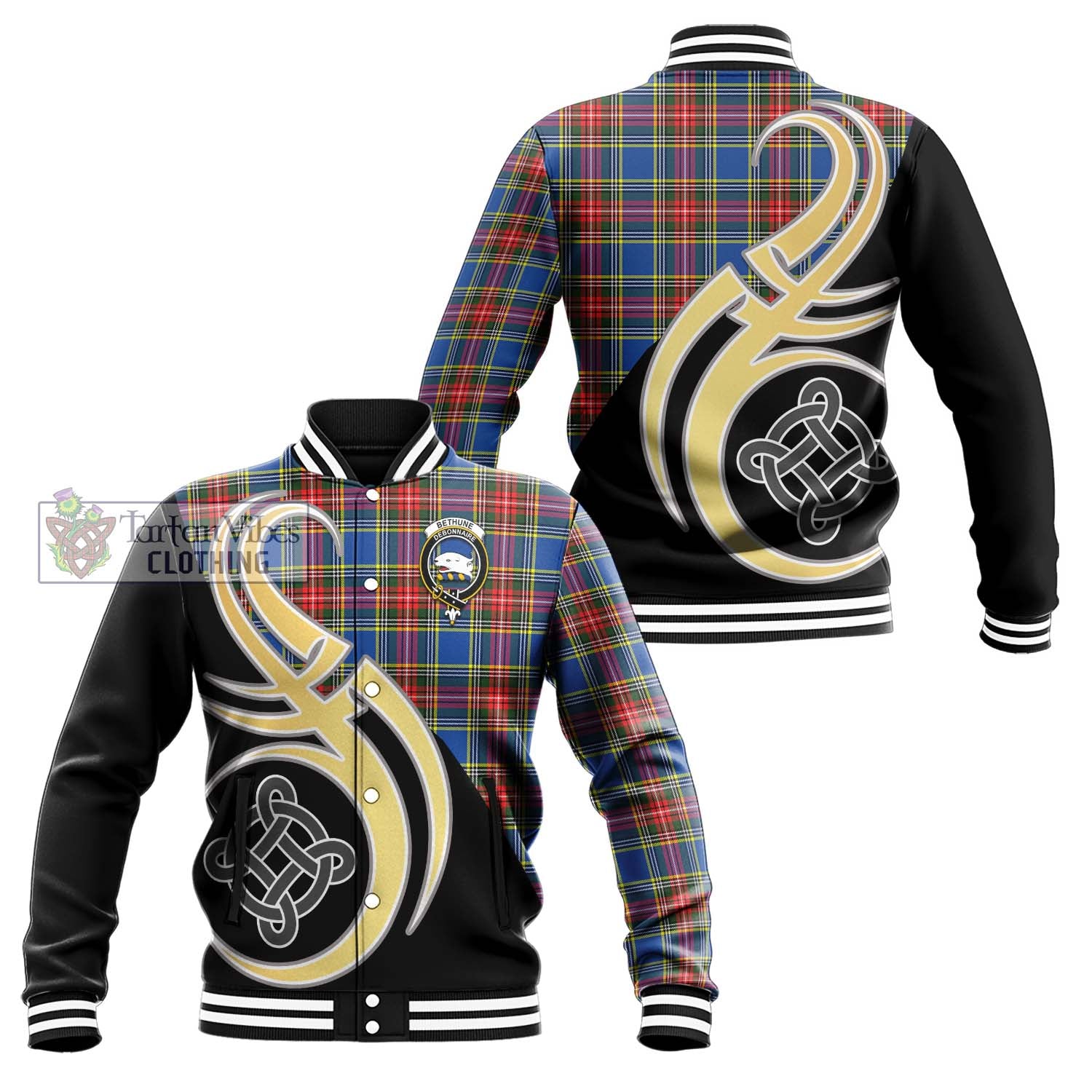 Bethune Tartan Baseball Jacket with Family Crest and Celtic Symbol Style Unisex - Tartan Vibes Clothing