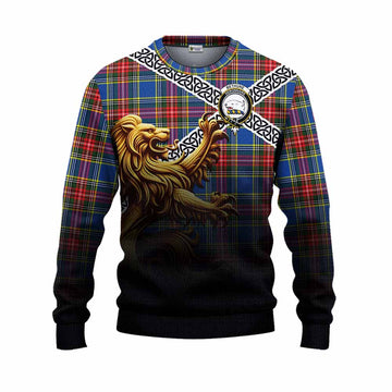 Bethune Crest Tartan Knitted Sweater with Golden Lion Emblem Celtic Style