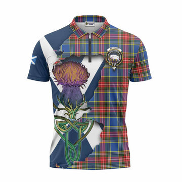 Bethune Tartan Family Crest Zipper Polo Shirt Scottish Thistle Celtic Inspired