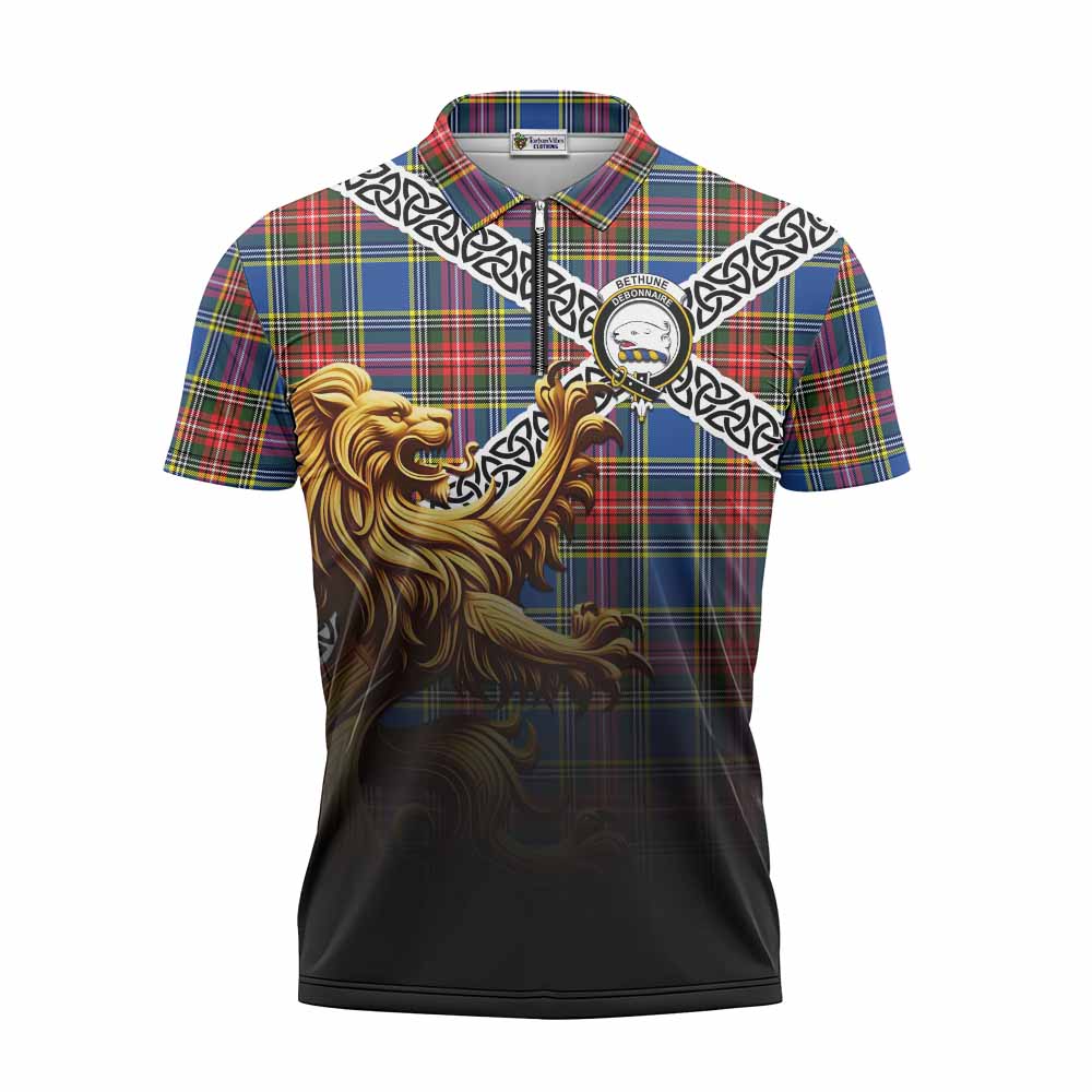 Tartan Vibes Clothing Bethune Crest Tartan Zipper Polo Shirt with Golden Lion Emblem Celtic Style