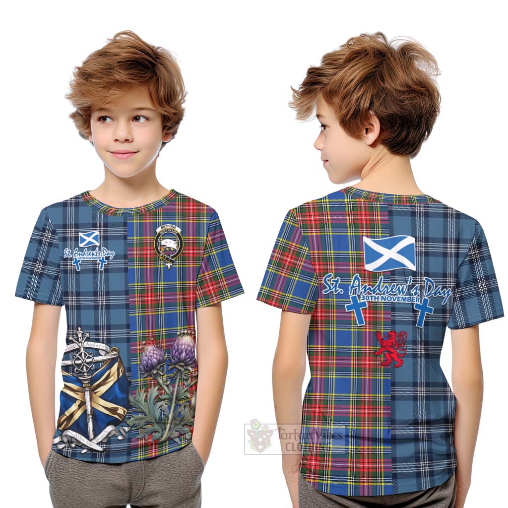 Tartan Vibes Clothing Bethune Tartan Kid T-Shirt Happy St. Andrew's Day Half Tartan Style