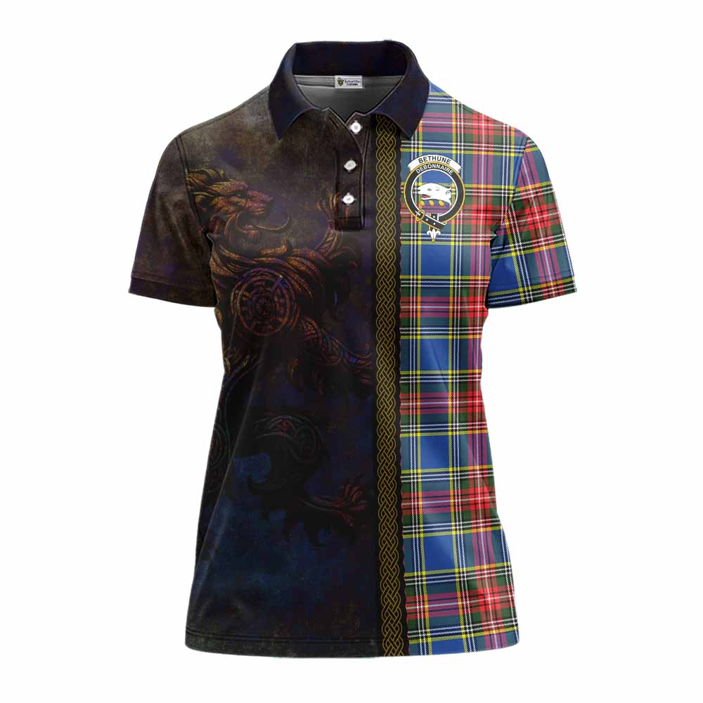Tartan Vibes Clothing Bethune Tartan Family Crest Women's Polo Shirt Alba Gu Brath Be Brave Lion Ancient Style