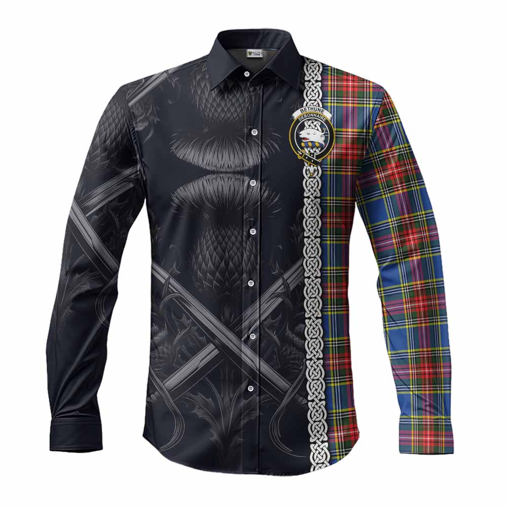 Tartan Vibes Clothing Bethune Tartan Long Sleeve Button Shirt with Family Crest Cross Sword Thistle Celtic Vibes