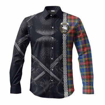 Bethune Tartan Long Sleeve Button Shirt with Family Crest Cross Sword Thistle Celtic Vibes