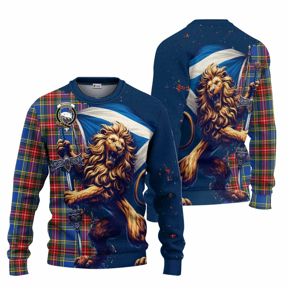 Tartan Vibes Clothing Bethune Tartan Family Crest Knitted Sweater with Scottish Majestic Lion
