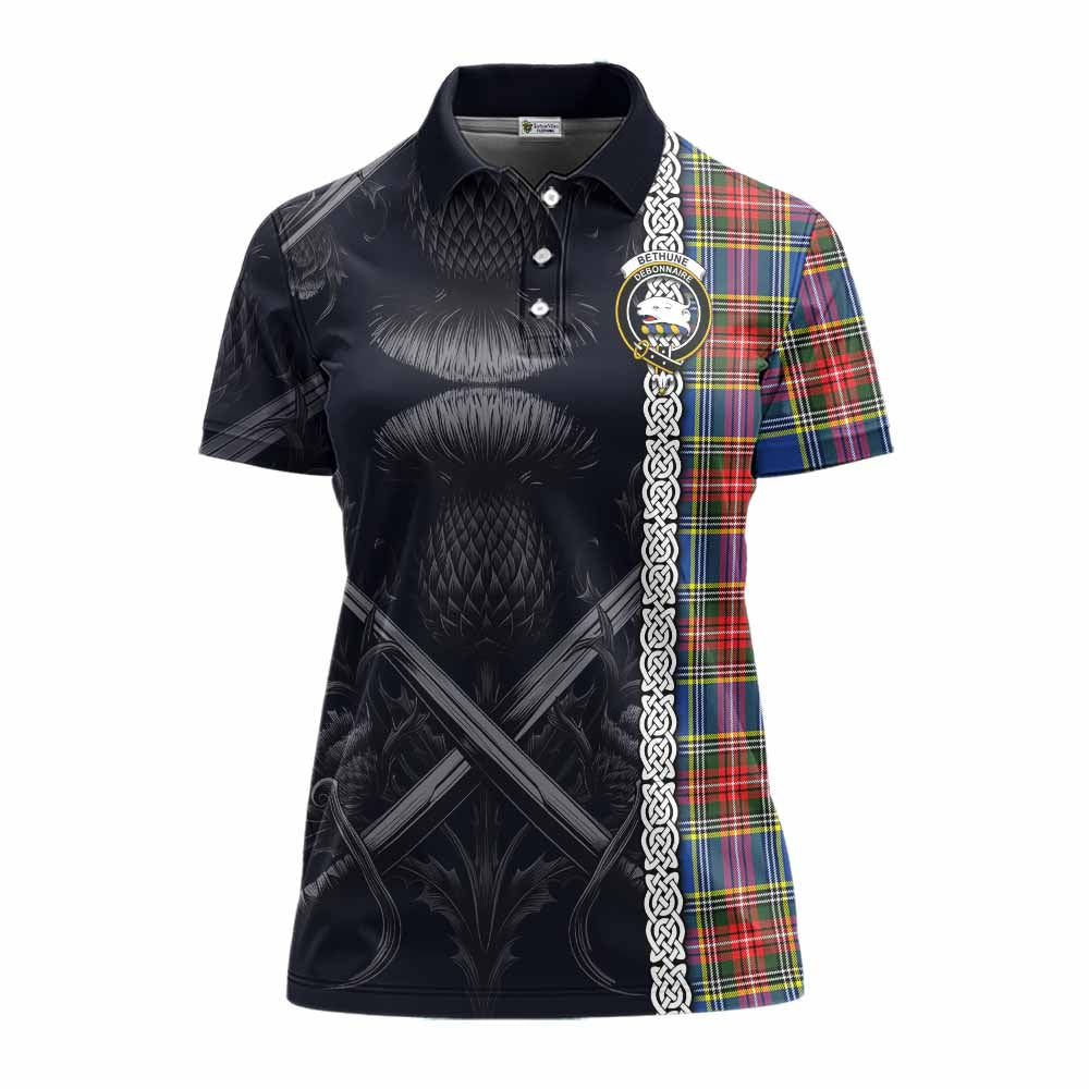 Tartan Vibes Clothing Bethune Tartan Women's Polo Shirt with Family Crest Cross Sword Thistle Celtic Vibes