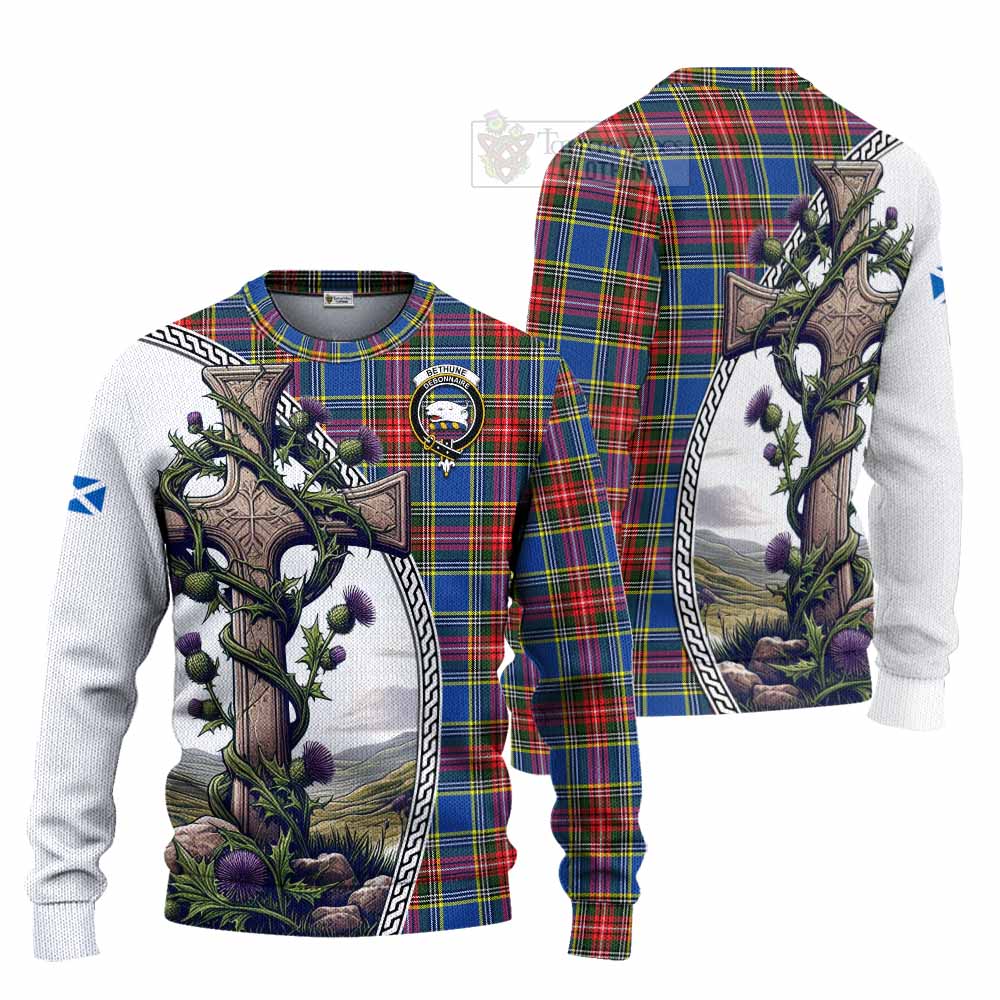 Tartan Vibes Clothing Bethune Tartan Knitted Sweater with Family Crest and St. Andrew's Cross Accented by Thistle Vines