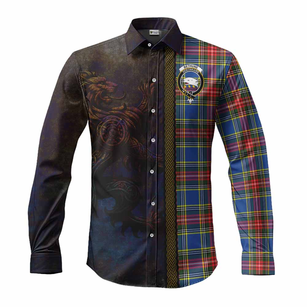 Tartan Vibes Clothing Bethune Tartan Family Crest Long Sleeve Button Shirt Alba Gu Brath Be Brave Lion Ancient Style