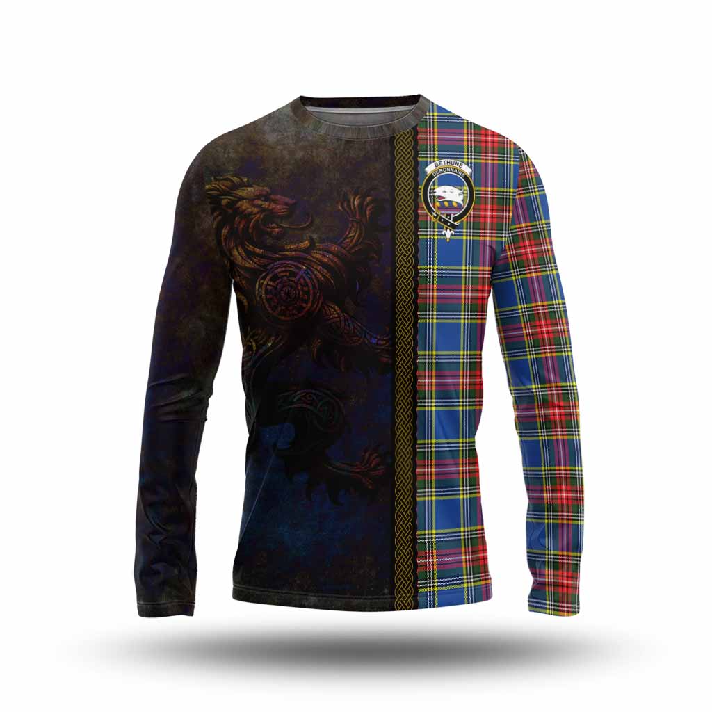 Tartan Vibes Clothing Bethune Tartan Family Crest Long Sleeve T-Shirt Alba Gu Brath Be Brave Lion Ancient Style