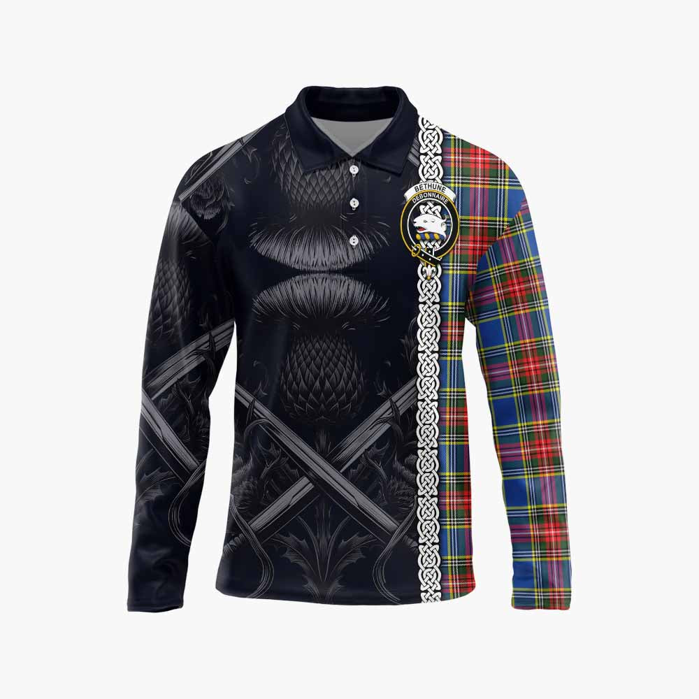 Tartan Vibes Clothing Bethune Tartan Long Sleeve Polo Shirt with Family Crest Cross Sword Thistle Celtic Vibes