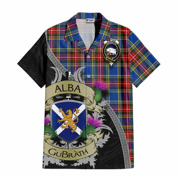 Tartan Vibes Clothing Bethune Tartan Family Crest Short Sleeve Button Shirt Lion Rampant Royal Thistle Shield Celtic Inspired