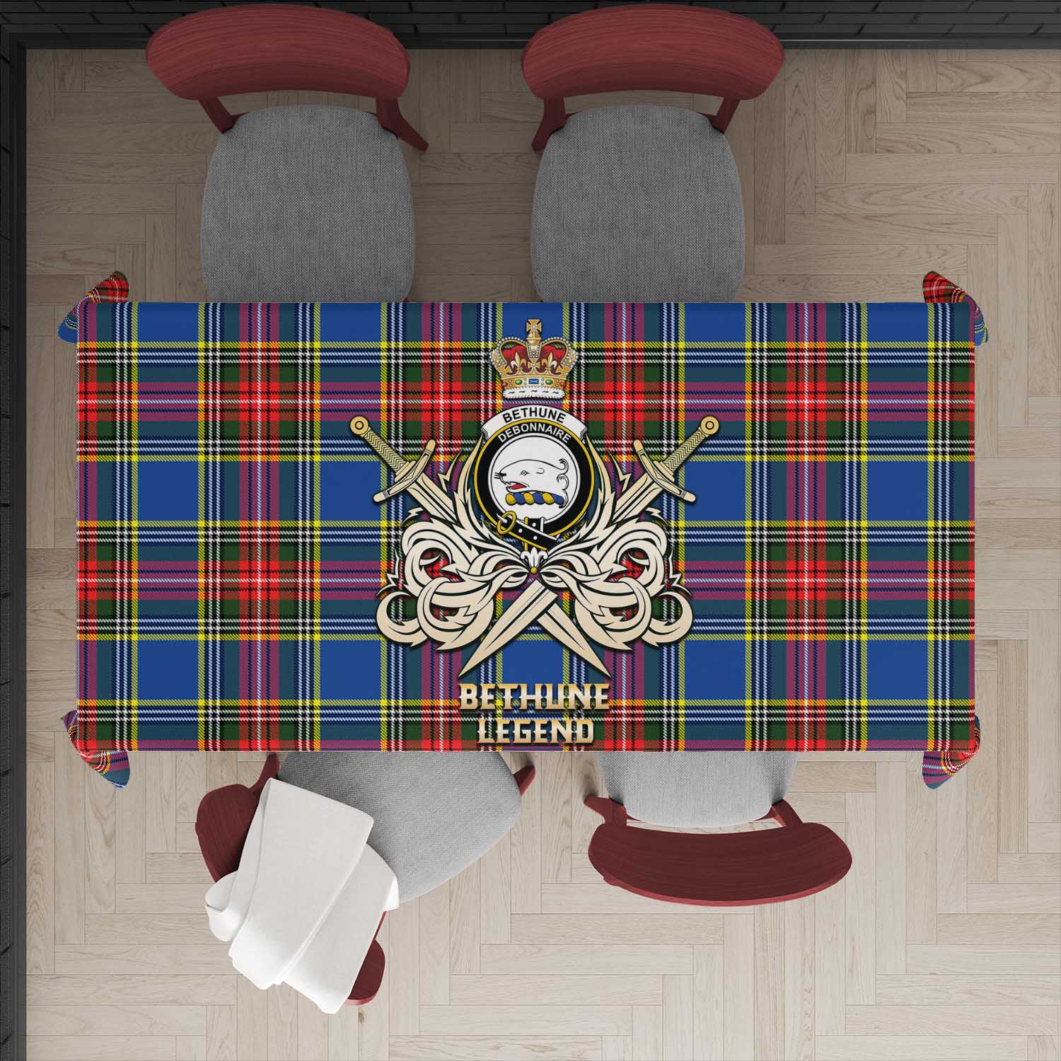 Tartan Vibes Clothing Bethune Tartan Tablecloth with Clan Crest and the Golden Sword of Courageous Legacy