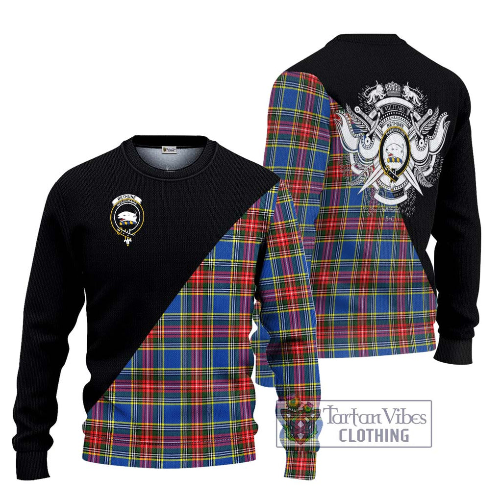 Bethune Tartan Knitted Sweater with Family Crest and Military Logo Style Unisex - Tartanvibesclothing Shop