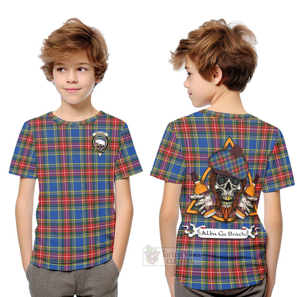Tartan Vibes Clothing Bethune Tartan Kid T-Shirt with Family Crest and Bearded Skull Holding Bottles of Whiskey