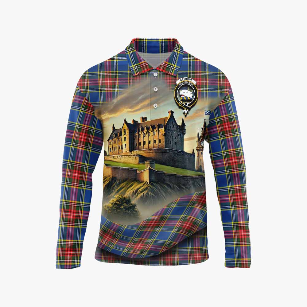 Tartan Vibes Clothing Bethune Tartan Family Crest Long Sleeve Polo Shirt with Scottish Ancient Castle Style