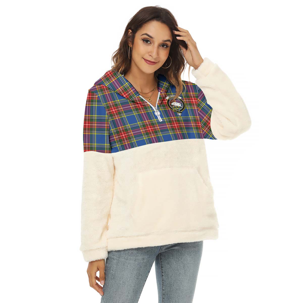 Bethune Tartan Women's Borg Fleece Hoodie With Half Zip with Family Crest Female - Tartan Vibes Clothing