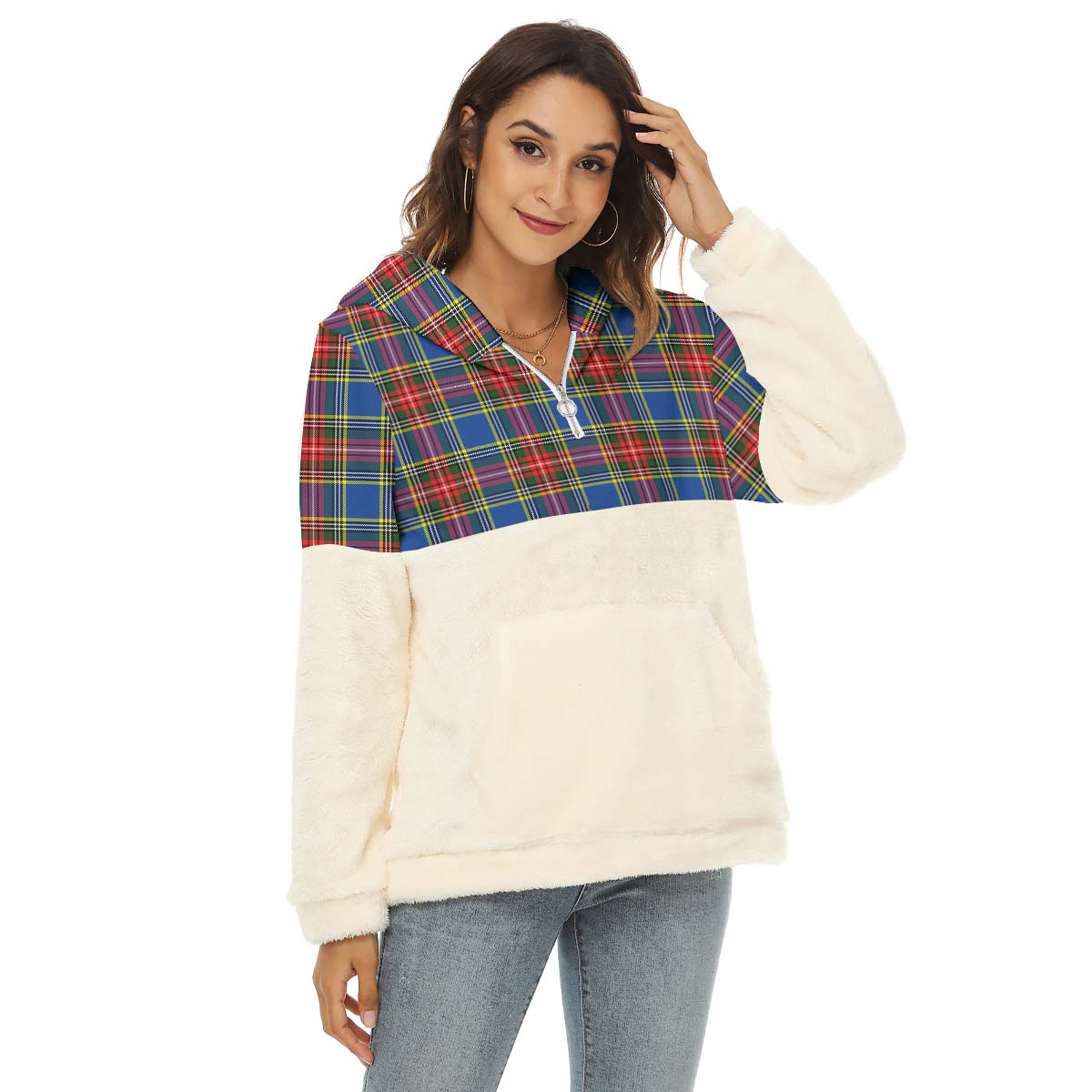 Bethune Tartan Women's Borg Fleece Hoodie With Half Zip Female - Tartan Vibes Clothing