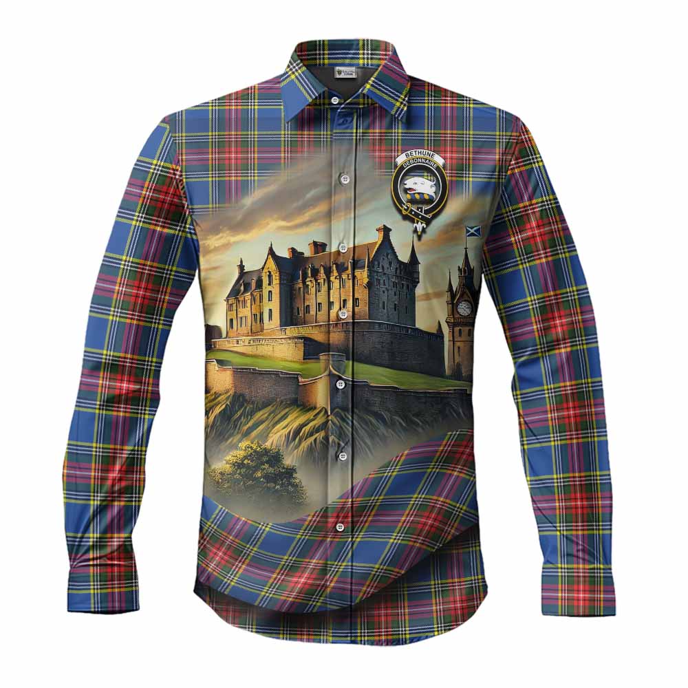 Tartan Vibes Clothing Bethune Tartan Family Crest Long Sleeve Button Shirt with Scottish Ancient Castle Style