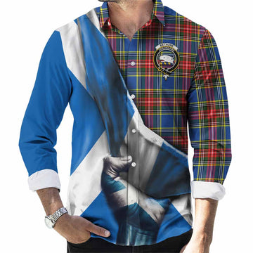 Bethune Tartan Long Sleeve Button Shirt with Family Crest Scotland Patriotic Style
