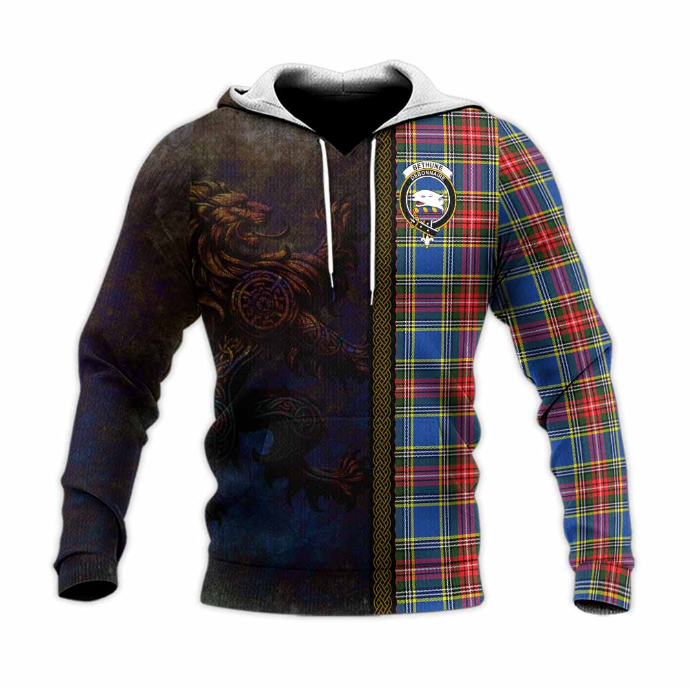 Tartan Vibes Clothing Bethune Tartan Family Crest Knitted Hoodie Alba Gu Brath Be Brave Lion Ancient Style