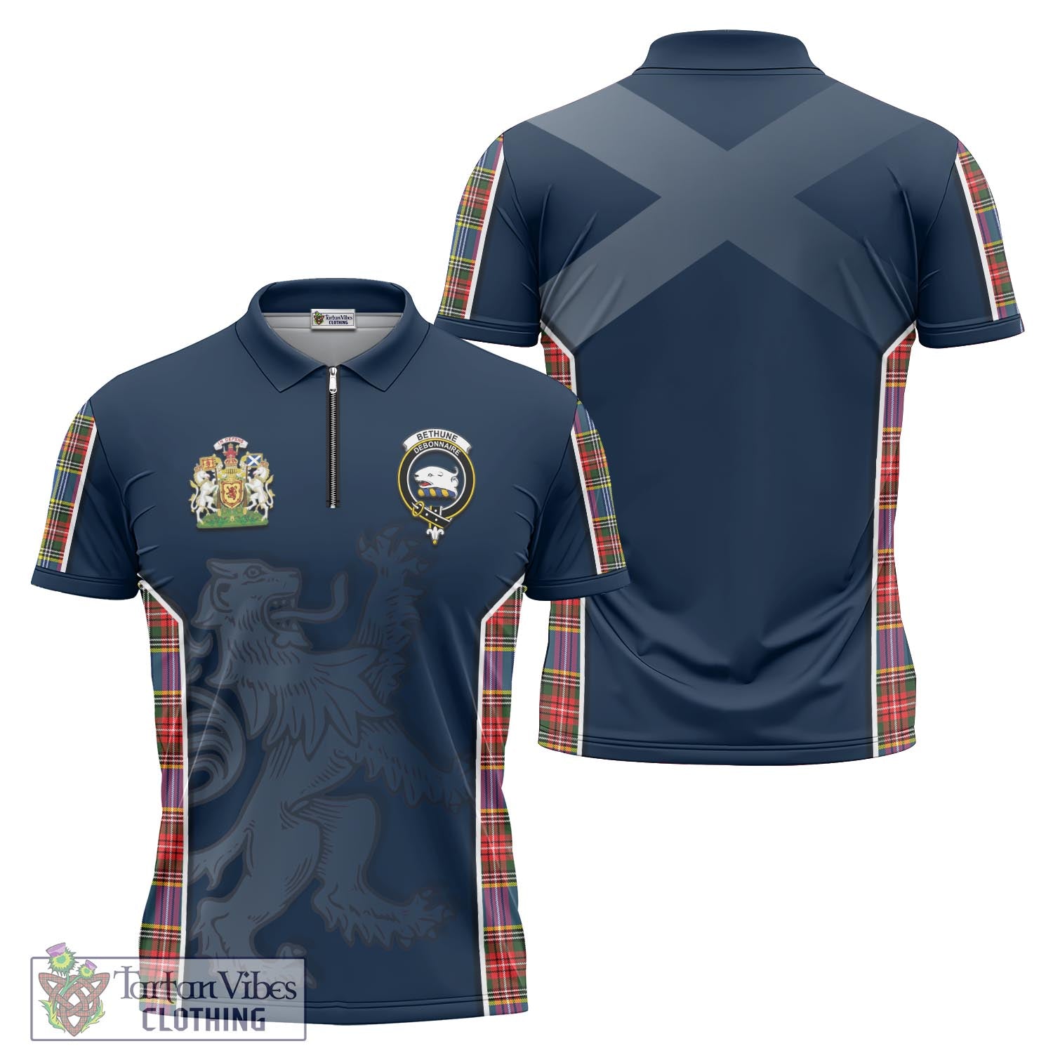Tartan Vibes Clothing Bethune Tartan Zipper Polo Shirt with Family Crest and Lion Rampant Vibes Sport Style
