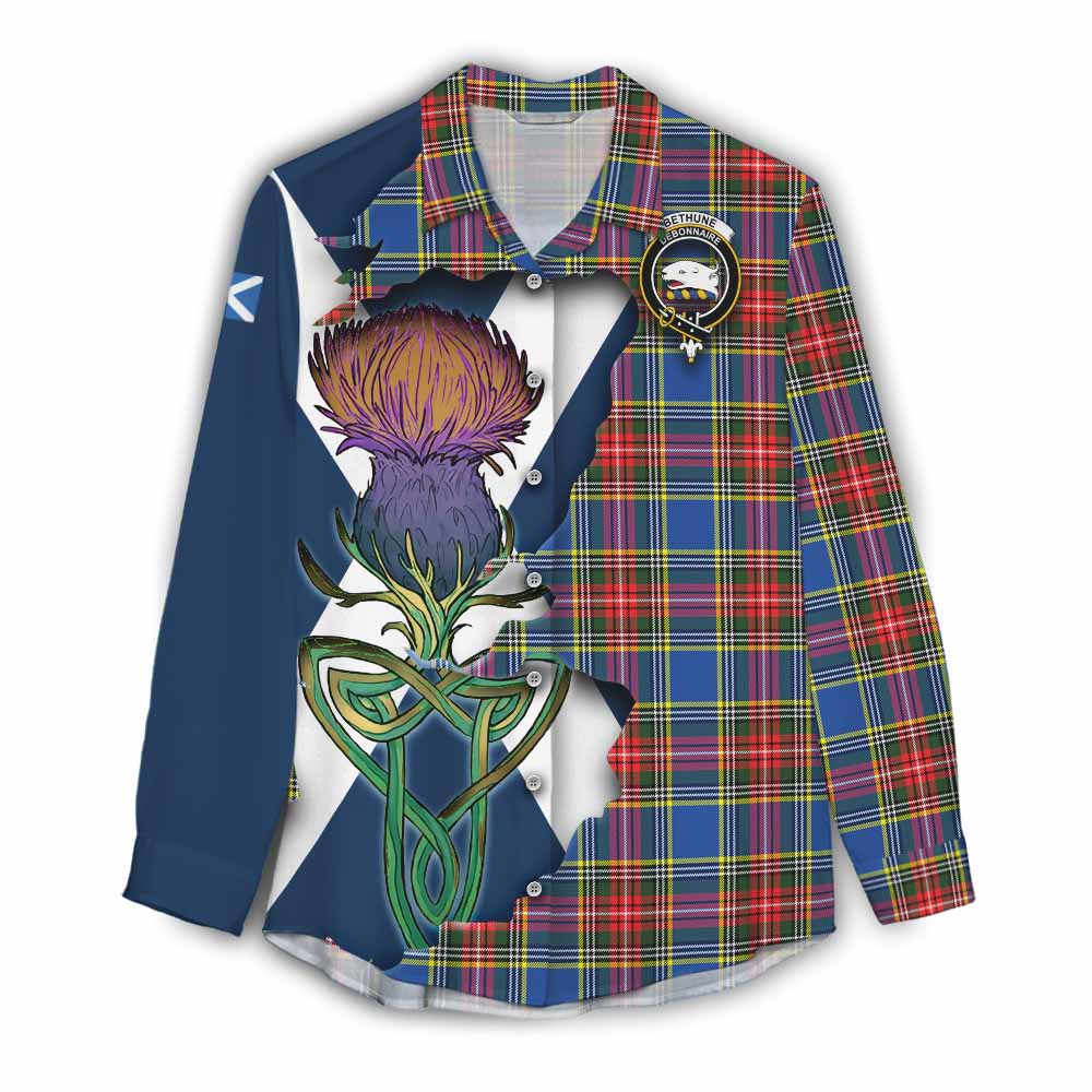 Tartan Vibes Clothing Bethune Tartan Family Crest Women's Casual Shirt Scottish Thistle Celtic Inspired