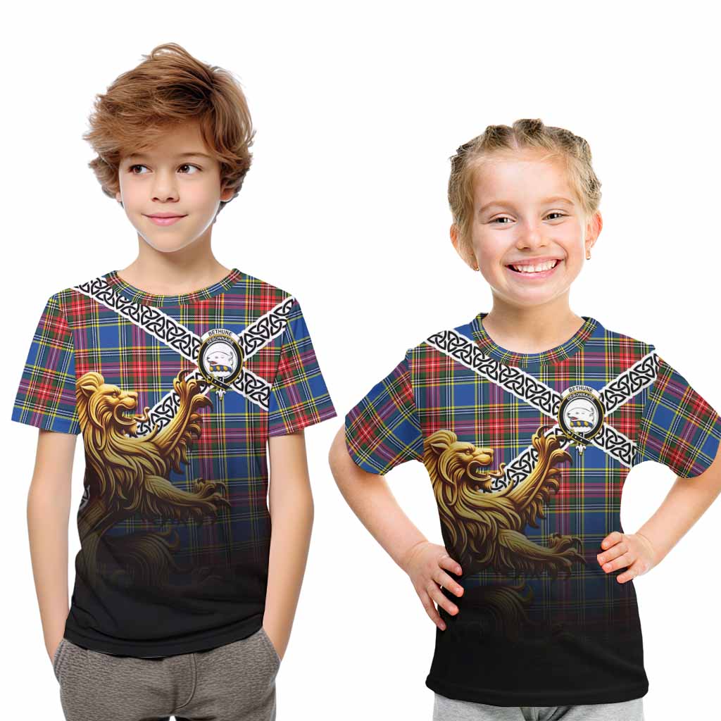 Tartan Vibes Clothing Bethune Crest Tartan Kid T-Shirt with Golden Lion Emblem Celtic Style