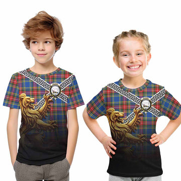 Tartan Vibes Clothing Bethune Crest Tartan Kid T-Shirt with Golden Lion Emblem Celtic Style