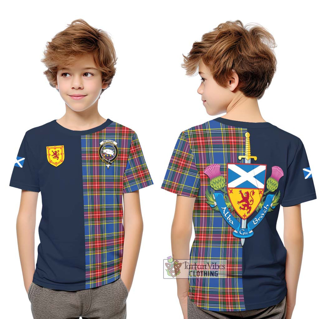 Tartan Vibes Clothing Bethune Tartan Kid T-Shirt with Scottish Lion Royal Arm Half Style
