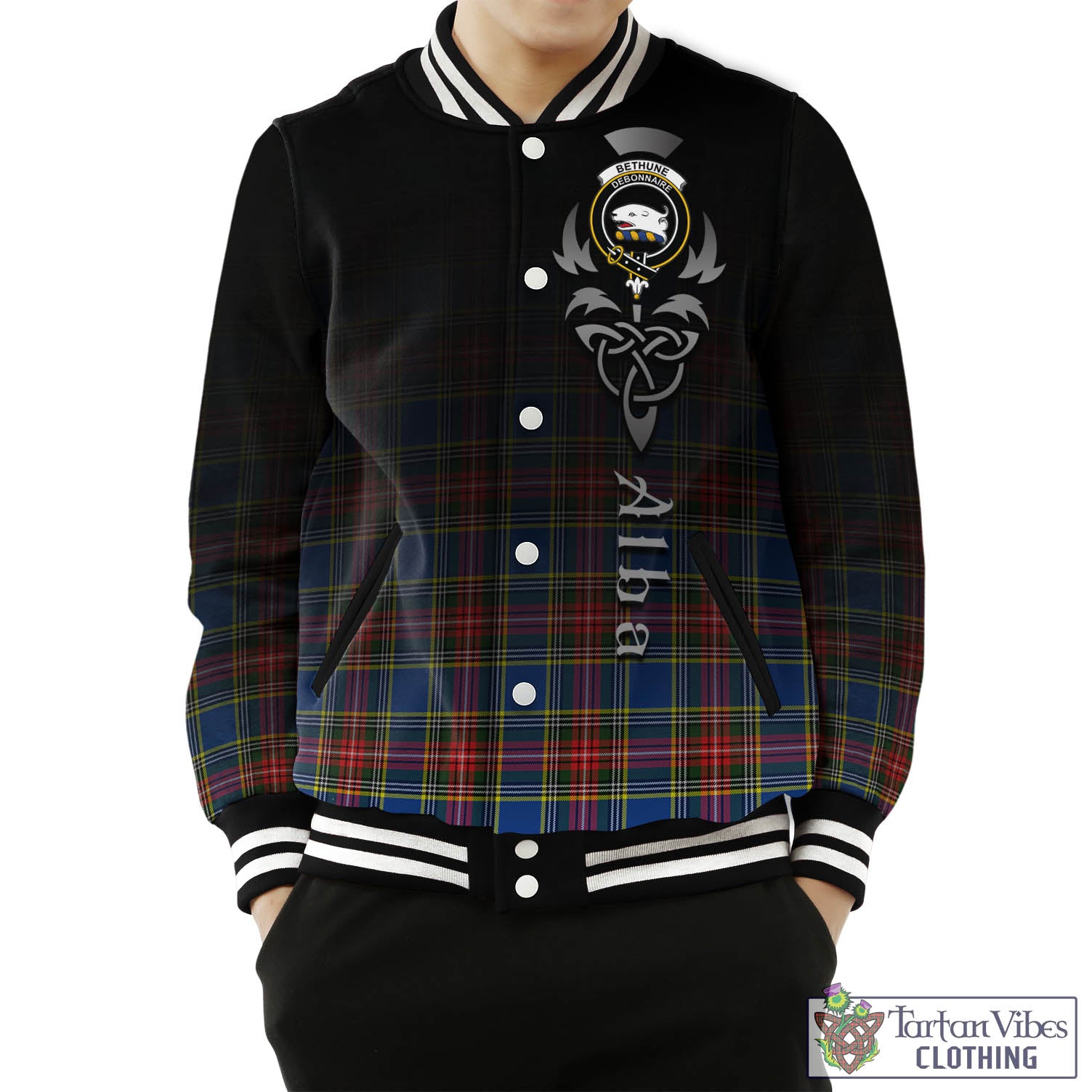 Tartan Vibes Clothing Bethune Tartan Baseball Jacket Featuring Alba Gu Brath Family Crest Celtic Inspired