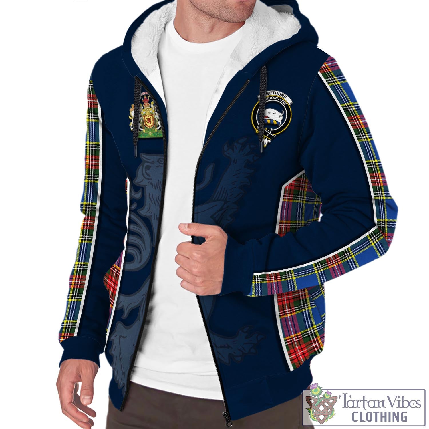 Tartan Vibes Clothing Bethune Tartan Sherpa Hoodie with Family Crest and Lion Rampant Vibes Sport Style