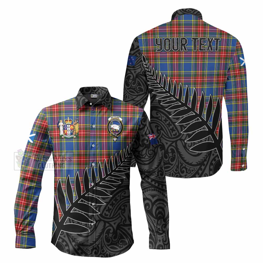 Tartan Vibes Clothing Bethune Crest Tartan Long Sleeve Button Shirt with New Zealand Silver Fern Half Style