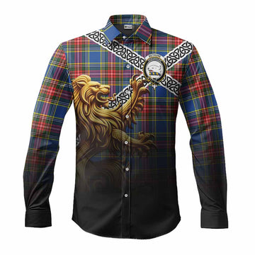 Bethune Crest Tartan Long Sleeve Button Shirt with Golden Lion Emblem Celtic Style