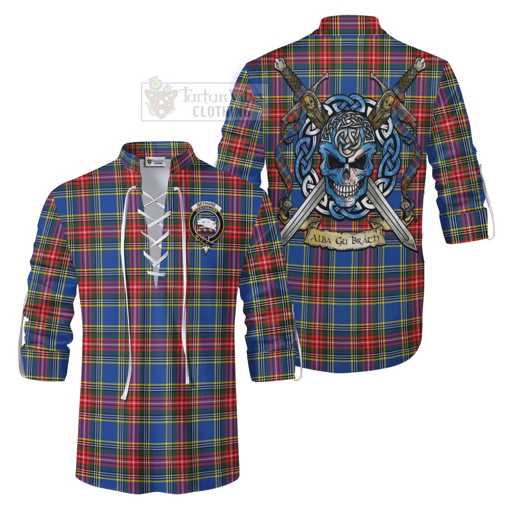 Tartan Vibes Clothing Bethune Tartan Ghillie Kilt Shirt with Family Crest Celtic Skull Style
