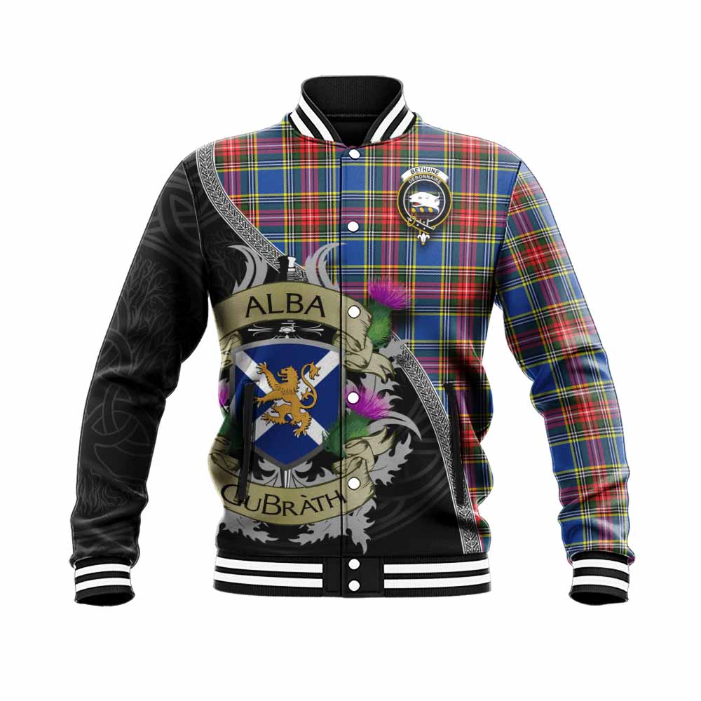 Tartan Vibes Clothing Bethune Tartan Family Crest Baseball Jacket Lion Rampant Royal Thistle Shield Celtic Inspired
