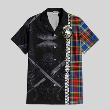 Tartan Vibes Clothing Bethune Tartan Short Sleeve Button Shirt with Family Crest Cross Sword Thistle Celtic Vibes