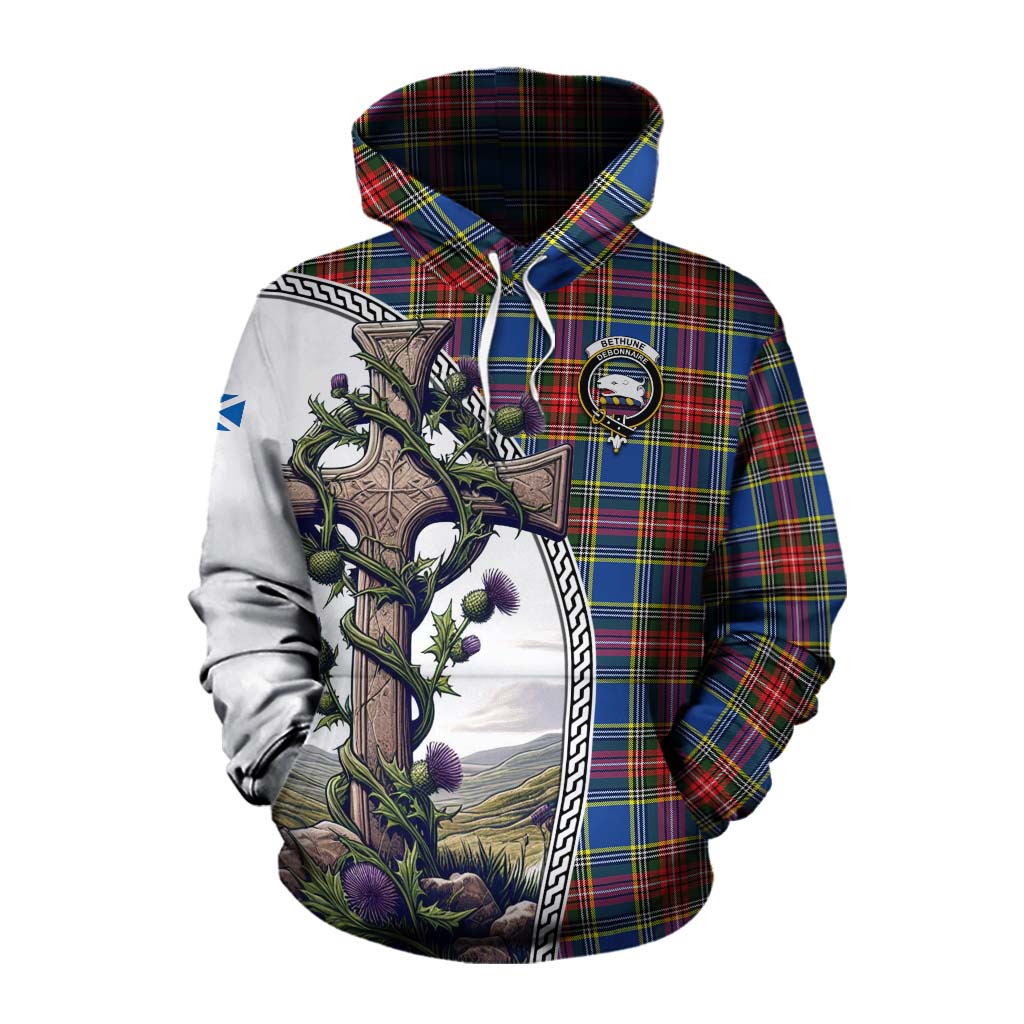 Tartan Vibes Clothing Bethune Tartan Cotton Hoodie with Family Crest and St. Andrew's Cross Accented by Thistle Vines