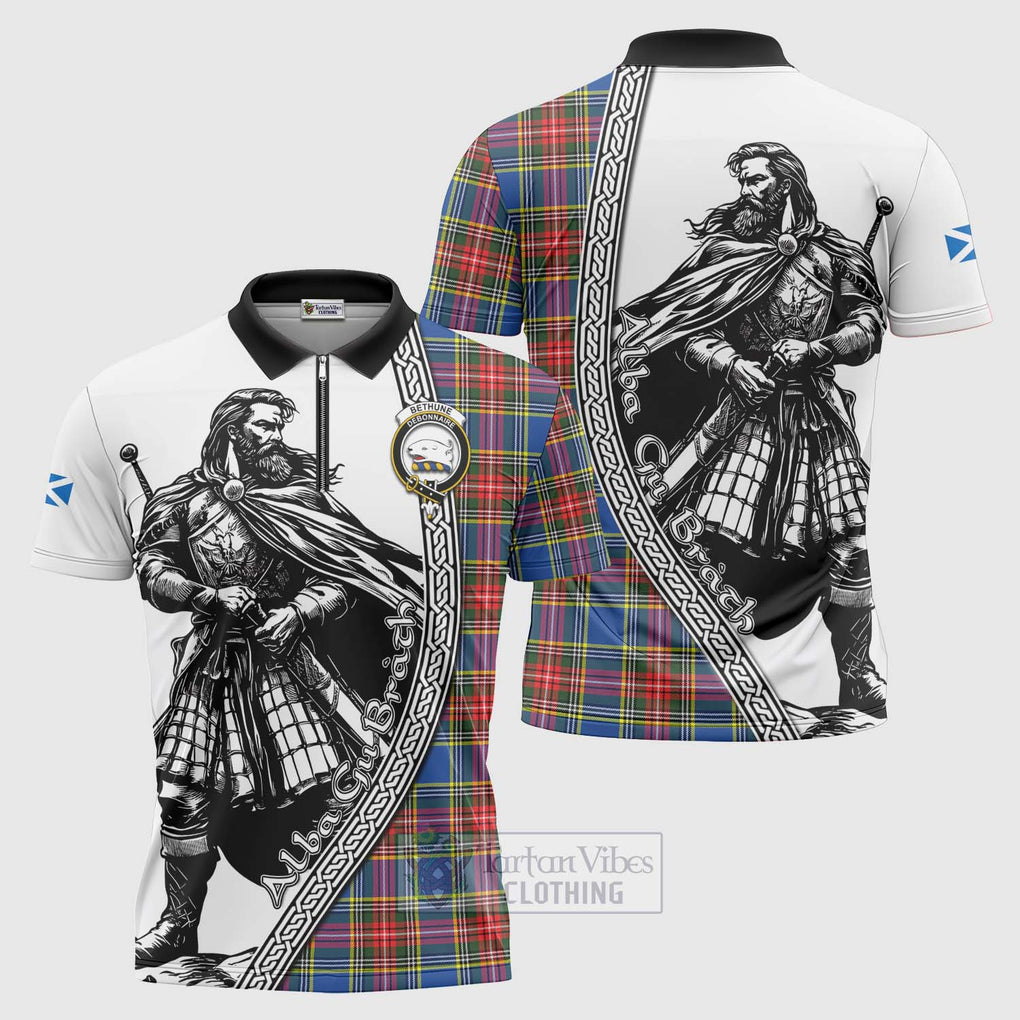 Tartan Vibes Clothing Bethune Tartan Clan Crest Zipper Polo Shirt with Highlander Warrior Celtic Style